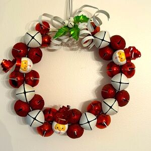 Christmas Jingle Bells Santa Wreath Red White  Door Decor 11”